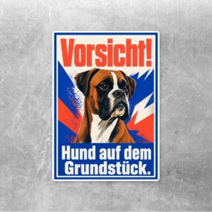 Aufkleber mit Boxer-Motiv und Text Vorsicht Hund auf dem Grundstück in Rot, Blau, Weiß, Orange und Schwarz.
