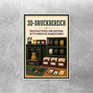 3D-Druckbereich Aufkleber mit Hinweis zur Kennzeichnung von Druckaufträgen und Material in Werkstattoptik.