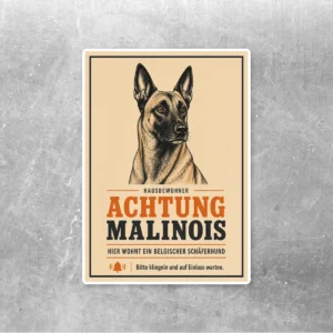 Malinois Aufkleber mit Hundeporträt und Text Achtung Malinois für Tür, Tor oder Briefkasten.