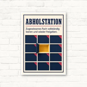 Abholstation Schild mit Text „Zugewiesenes Fach vollständig leeren und wieder freigeben“ und geöffnetem Fach.
