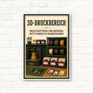 3D-Druckbereich Schild – Druckaufträge und Material eindeutig kennzeichnen mit gut lesbarem Motiv und klarer Beschriftung als bedrucktes Schild aus Aluminium-Verbundplatte.